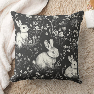 Black Woodland Bunny Botanical Pattern Throw Pillow