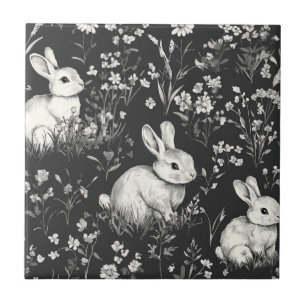 Black Woodland Bunny Botanical Pattern Tile