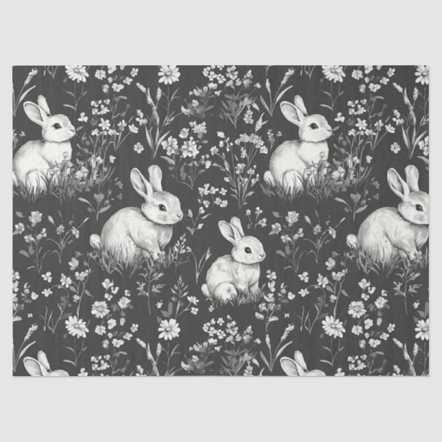 Black Woodland Bunny Botanical Pattern Tissue Paper (Front)