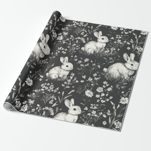 Black Woodland Bunny Botanical Pattern Wrapping Paper
