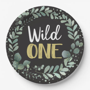 Black Woodland Wild One Shimmery Wreath Paper Plate