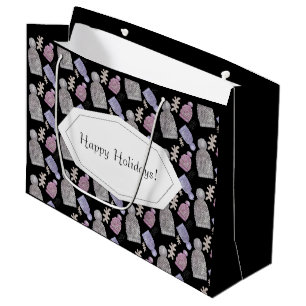 Black Wool Knit Hats Watercolor Hand-painted Large Gift Bag