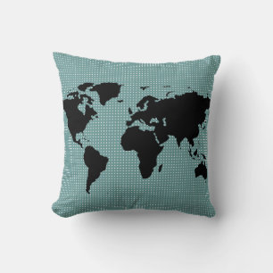 black world map and polka dots throw pillow