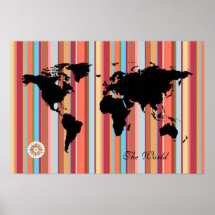 black world-map + colour-stripes poster