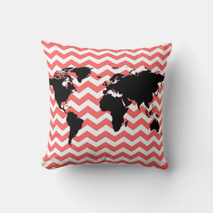 black world map / coral chevron throw pillow