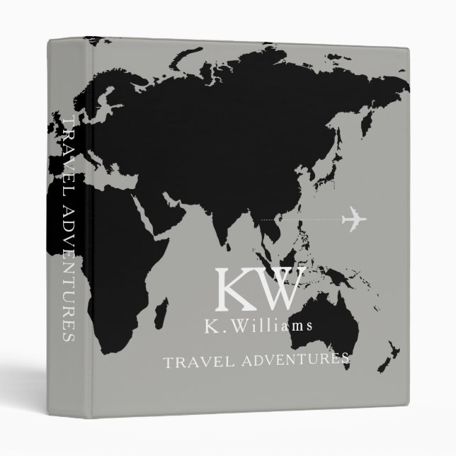 Black World Map on Grey Traveller Name Binder (Front/Spine)