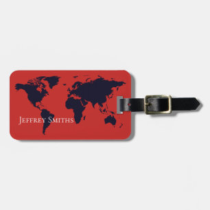 black World Map on red travel Luggage Tag