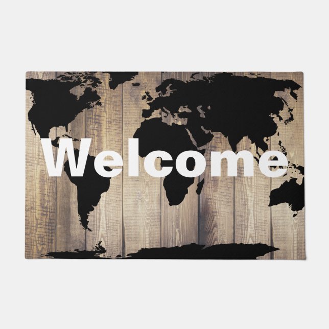 Black World Map Rustic Wood Planks Welcome Doormat (Front)