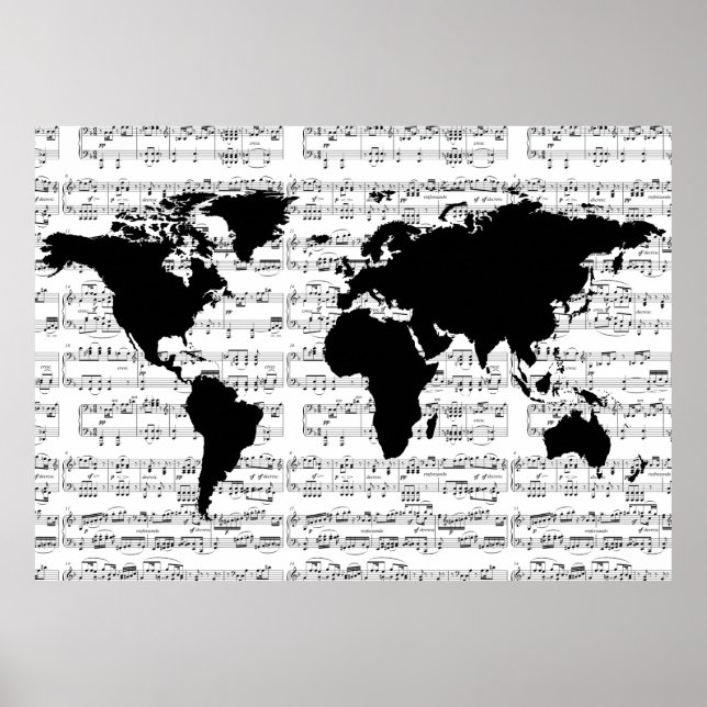 black world map with musical notes poster (Front)