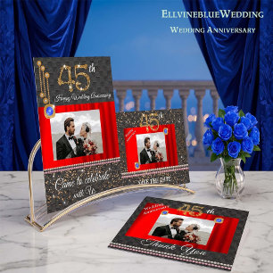 Black Woven & Pearls Gold 45th Wedding Anniversary Invitation