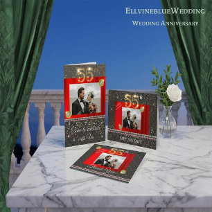 Black Woven & Pearls Gold 55th Wedding Anniversary Invitation