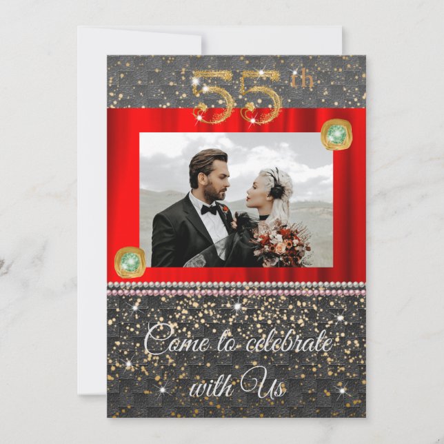 Black Woven & Pearls Gold 55th Wedding Anniversary Invitation (Front)