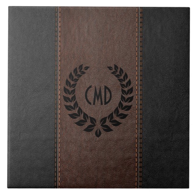 Black Wreath Brown And Black Stitched Leather Tile (Front)
