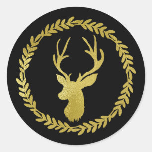 Black Wreath Gold Deer Christmas Classic Round Sticker