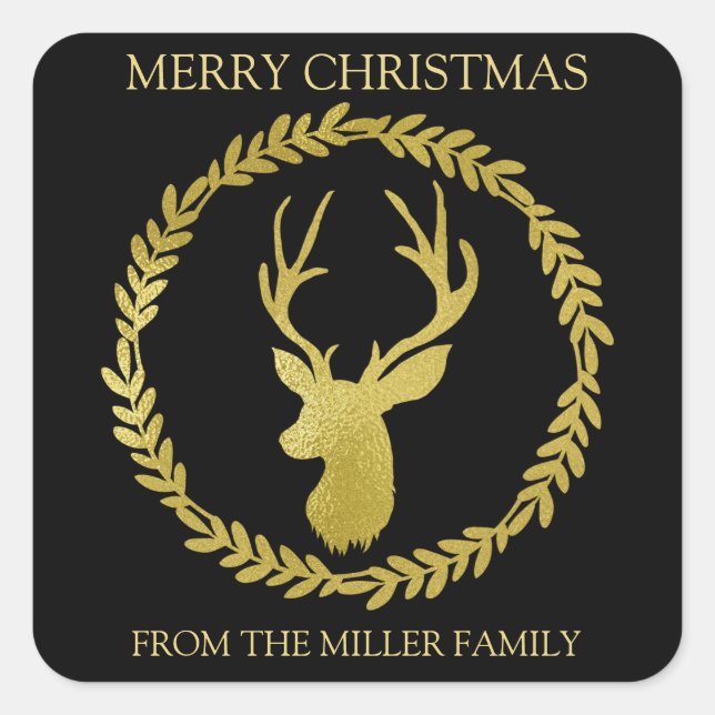 Black Wreath Gold Deer Custom Text Christmas Square Sticker (Front)