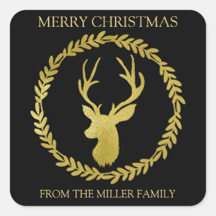 Black Wreath Gold Deer Custom Text Christmas Square Sticker