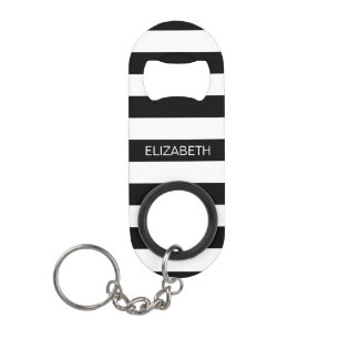 Black Wt Horizontal Preppy Stripe #2 Name Monogram Mini Bottle Opener