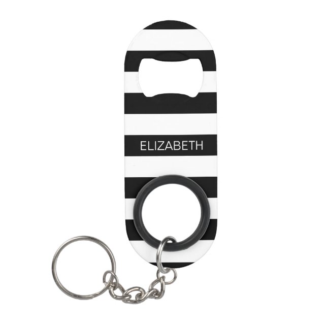 Black Wt Horizontal Preppy Stripe #2 Name Monogram Mini Bottle Opener (Front)