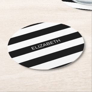 Black Wt Horizontal Preppy Stripe #2 Name Monogram Round Paper Coaster
