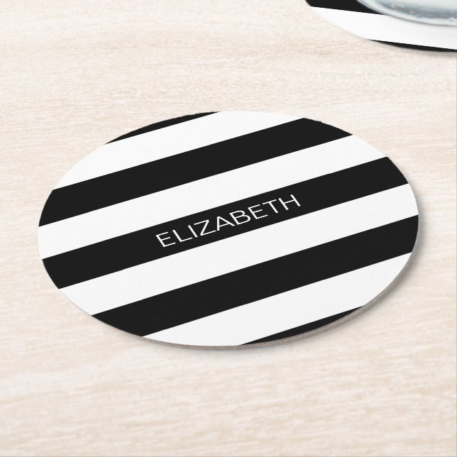 Black Wt Horizontal Preppy Stripe #2 Name Monogram Round Paper Coaster (Angled)