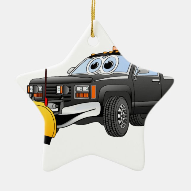 Black Y Pick Up Truck Snow Plow Cartoon Ceramic Ornament (Front)
