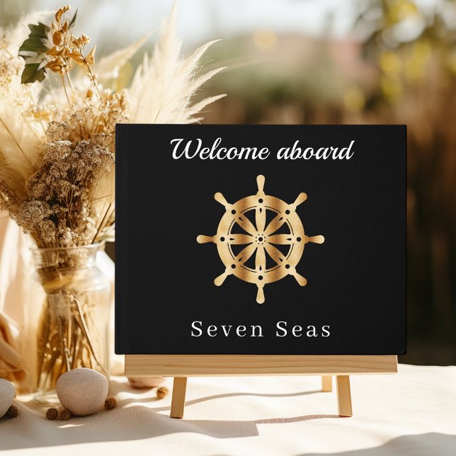 Black yacht boat name gold steering wheel guest book (Creator Uploaded)