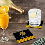 Black yacht boat name gold steering wheel stripes square paper coaster<br><div class="desc">A classic black background. Decorted with faux gold steering wheel and 4 captain stripes. Personalize and add the boat name.</div>