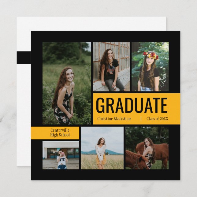 Black & Yellow 6 Photo Graduation Invitation (Devant / Derrière)