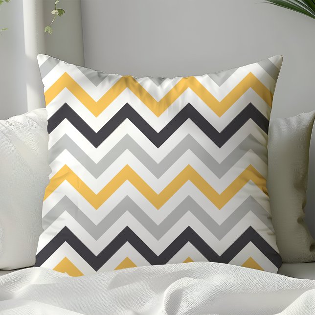 Black Yellow and Grey Zigzag Chevron Pattern Throw Pillow (Creator Uploaded)