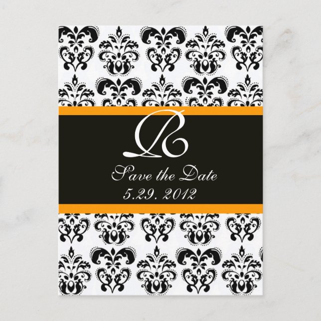 BLACK  YELLOW AND WHITE DAMASK MONOGRAM ANNOUNCEMENT POSTCARD (Front)