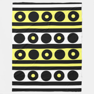 Black, Yellow and White Polka Dots and Stripes Fleece Blanket