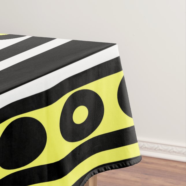 Black, Yellow and White Polka Dots and Stripes Tablecloth (In Situ)