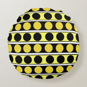 Black, Yellow and White Stripes and Polka Dots rou Round Pillow