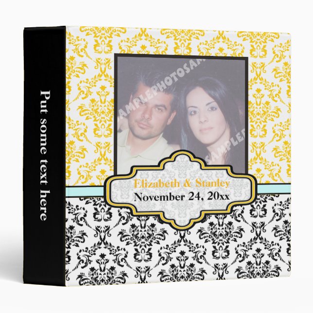 Black yellow aqua damask wedding custom binder (Front/Spine)