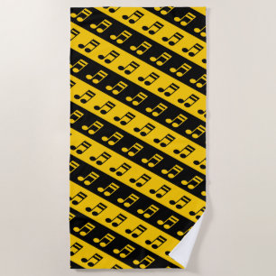 Black & Yellow Beamed Sixteenth Notes Pattern Beach Towel