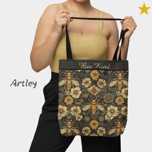 Black Yellow Bees Vintage Floral Custom Phrase Tote Bag