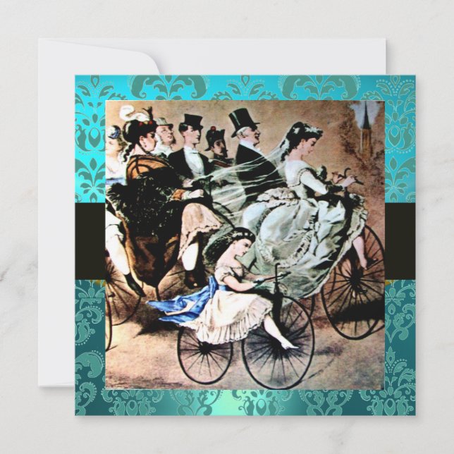 BLACK YELLOW  BLUE BICYCLE WEDDING DAMASK MONOGRAM INVITATION (Front)
