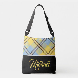 Black Yellow Blue Plaid Tartan Personalized Name Crossbody Bag