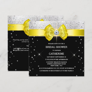 Black yellow bow elegant silver sparkle Invitation
