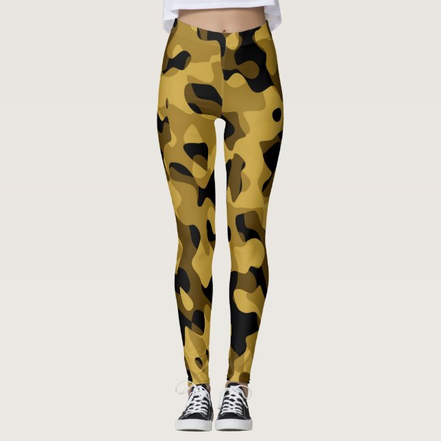 Black Yellow Brown Camouflage Pattern Leggings (Front)