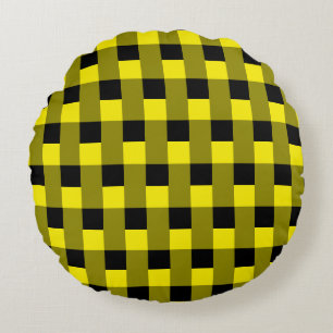 Black & Yellow Checked Round Pillow