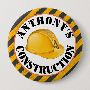 Black & Yellow Construction Hard Hat 4th Birthday 4 Inch Round Button