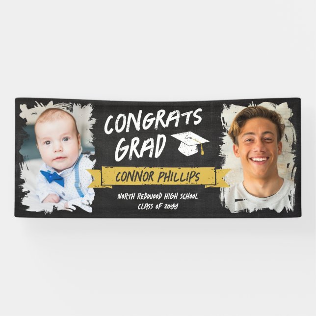Black Yellow Cool Chalk 2 Photos Congrats Grad Banner (Horizontal)