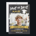 Black Yellow Cool Chalk Photo Graduation Save The Date<br><div class="desc">Cool graduation save the date card with a printed chalkboard background and a cool chalkboard font with a yellow banner and white graduation cap in a distressed look. Add a photo of the graduate inside a brush stroke frame. Distressed chalkboard graduation save the date card personalized with a photo and...</div>