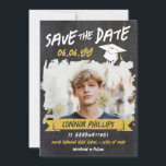 Black Yellow Cool Chalk Photo Graduation Save The Date<br><div class="desc">Cool graduation save the date card with a printed chalkboard background and a cool chalkboard font with a yellow banner and white graduation cap in a distressed look. Add a photo of the graduate inside a brush stroke frame. Distressed chalkboard graduation save the date card personalized with a photo and...</div>