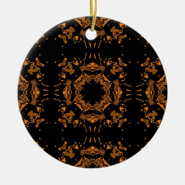 Black, Yellow copper Floral Damasks Retro Pattern Ceramic Ornament (Front)