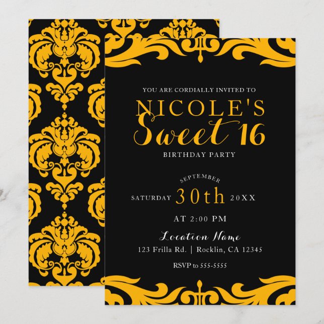 Black & Yellow Damask Chic Elegant Sweet 16 Party Invitation (Front/Back)