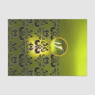 BLACK YELLOW DAMASK GEMSTONE MONOGRAM Floral Tissue Paper