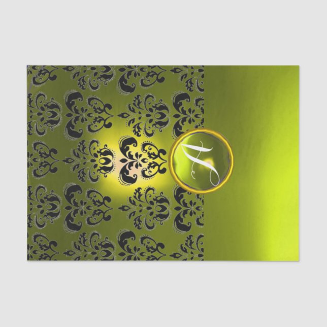 BLACK YELLOW DAMASK GEMSTONE MONOGRAM Floral Tissue Paper (Front)