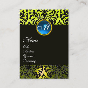 BLACK YELLOW DAMASK MONOGRAM ,Blue Sapphire Business Card